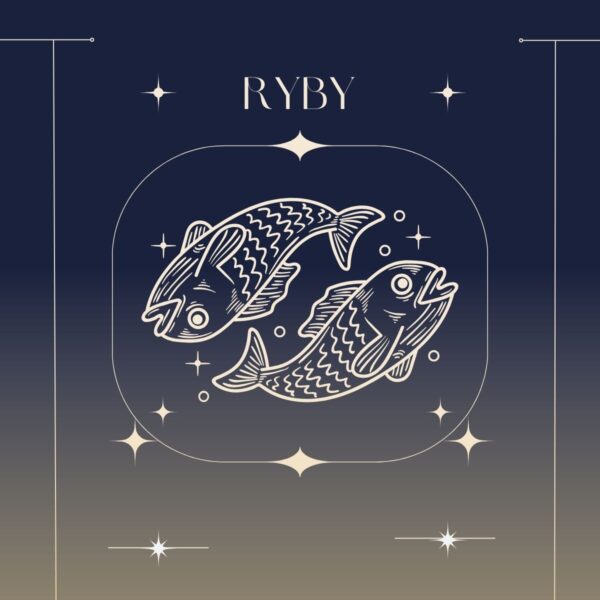 Ilustracja przedstawiająca horoskop roczny 2025 dla zodiakalnych Ryb.