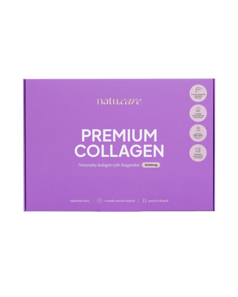 Fioletowe opakowanie suplementu diety "Premium Collagen" marki natu.care z napisem o zawartości 10 000 mg naturalnego kolagenu rybiego.