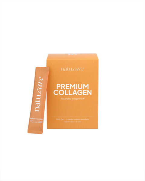 Pomarańczowe opakowanie z saszetką suplementu diety marki natu.care "Premium Collagen" o smaku mango-marakuja, 5000 mg kolagenu rybiego.