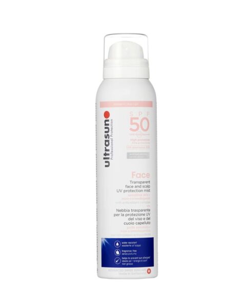 Mgiełka z filtrem do twarzy i skóry głowy Ultrasun UV Face and Scalp Mist SPF50. Zdjęcie produktowe.