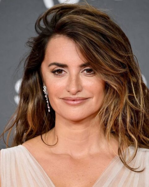 Zdjęcie portretowe Penelope Cruz. Ubrana jest w tiulową sukienkę z dekoltem V. Włosy rozpuszczone. Ma wyrazisty makijaż oczu i delikatnie obrysowane usta. W uszach wiszące, srebrne kolczyki.
