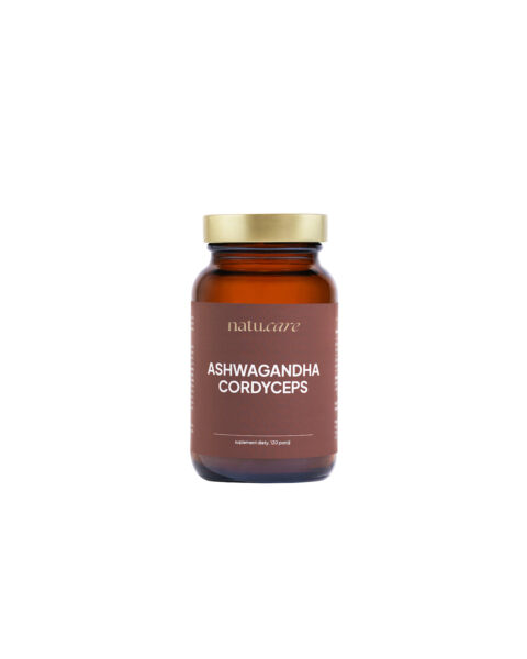 Szklany brązowy słoik suplementu diety marki natu.care z napisem "Ashwagandha Cordyceps", zamknięty złotą zakrętką.