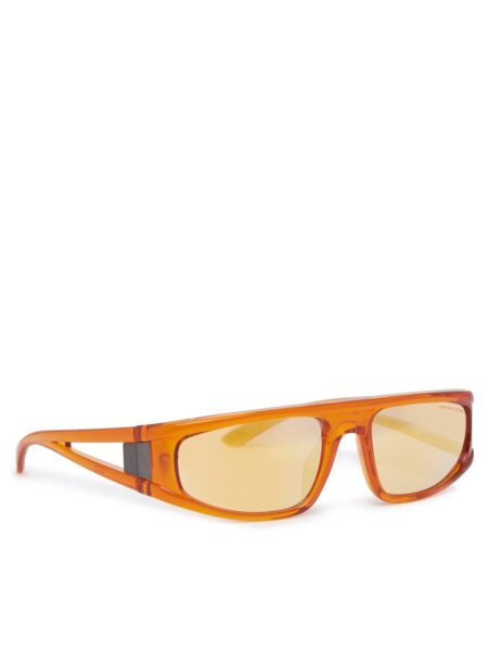 Pomarańczowe okulary przeciwsłoneczne Armani Exchange w sportowym stylu z prostokątnymi, przyciemnianymi szkłami i szerokimi oprawkami z ozdobnym czarnym detalem po bokach.