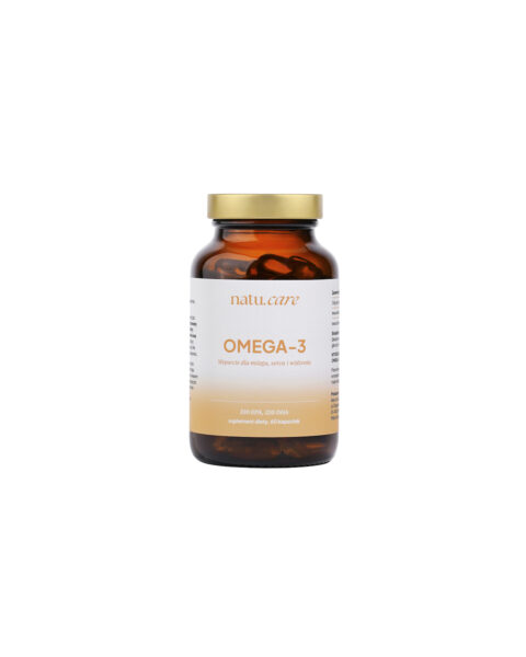 Szklany brązowy słoik suplementu diety natu.care z białą i pomarańczową etykietą, oznaczony jako "Omega-3 – wsparcie dla mózgu, serca i widzenia".