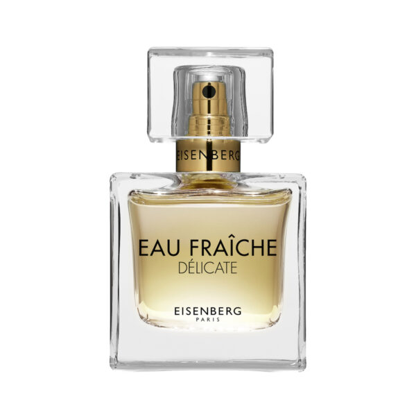 Flakon perfum Eisenberg Eau Fraîche Délicate – elegancki, przezroczysty flakon z delikatnie złocistym płynem i minimalistycznym designem, ozdobiony złotym atomizerem i nazwą marki.