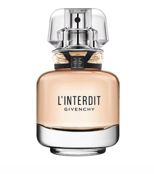 Flakon perfum Givenchy L'Interdit w eleganckim, zaokrąglonym kształcie z metalowym korkiem i czarną wstążką ozdobioną logo marki.