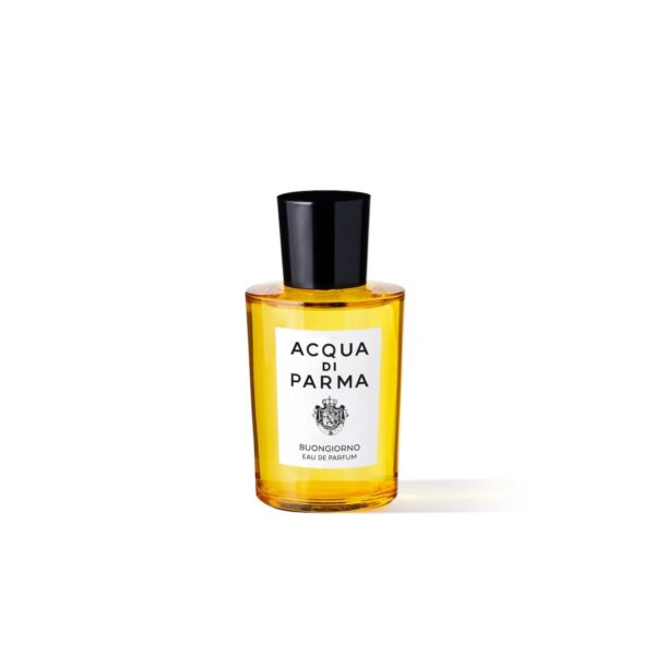 Klasyczna butelka perfum Acqua di Parma Buongiorno w charakterystycznym żółtym kolorze z czarnym korkiem.