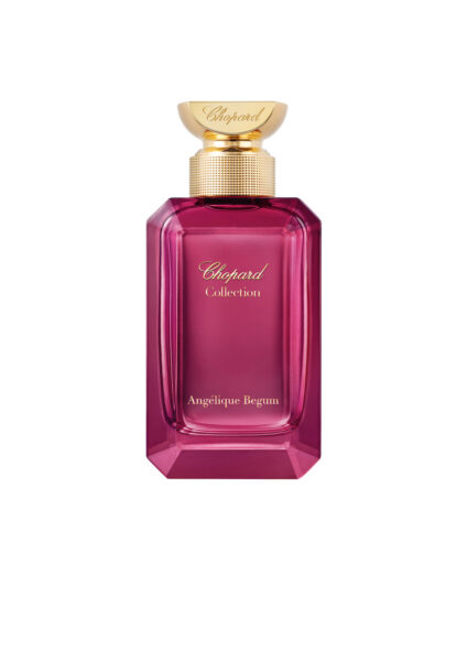 Luksusowy flakon perfum Chopard Collection Angélique Begum w intensywnie różowym kolorze z eleganckim złotym korkiem.