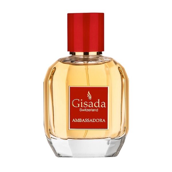 Perfumy Gisada Ambassadora w eleganckim, złoto-przezroczystym flakonie z czerwonym korkiem i etykietą.