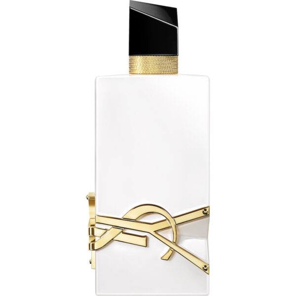 Elegancki biały flakon perfum Yves Saint Laurent LIBRE L’Eau Nue z charakterystycznym złotym logo YSL i czarnym, asymetrycznym korkiem ze złotą obwódką.