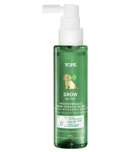 YOPE Grow My Hair – rozgrzewające serum-kuracja na noc przeciw wypadaniu włosów, stymulujące mieszki włosowe i wspierające wzrost włosów dzięki naturalnym składnikom aktywnym.