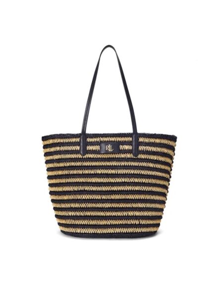 Torba typu shopper w paski z plecionki w odcieniach czerni i naturalnego beżu, z cienkimi czarnymi rączkami i metalowym logo "RL" z przodu. Ustawiona na białym tle.