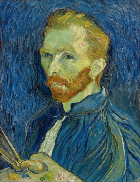 Autoportret Vincenta van Gogha przedstawiający artystę z rudą brodą, trzymającego pędzle i paletę. Tło i odzież namalowane dynamicznymi, ekspresyjnymi pociągnięciami pędzla w odcieniach niebieskiego. Obraz utrzymany jest w charakterystycznym stylu postimpresjonistycznym.