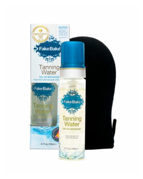 Samoopalacz w piance Fake Bake Tanning Water z rękawicą w zestawie. Zdjęcie produktowe.