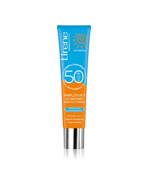 Nawilżający krem z filtrem SPF 50 pod makijaż Lirene. Zdjęcie produktowe.