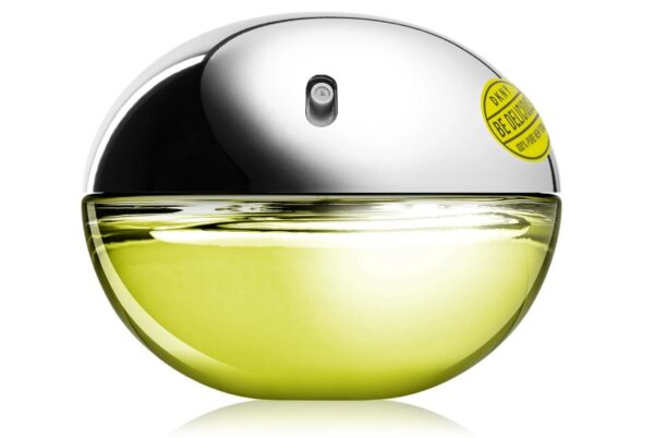 Zielono-srebrny, owalny flakon perfum.