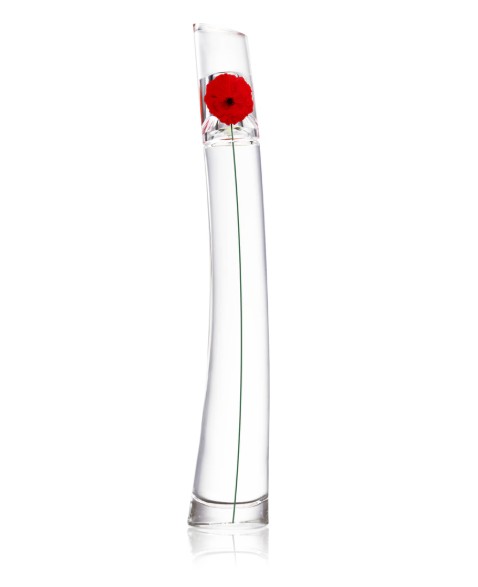 Przeźroczysty flakon perfum z czerwonym makiem.