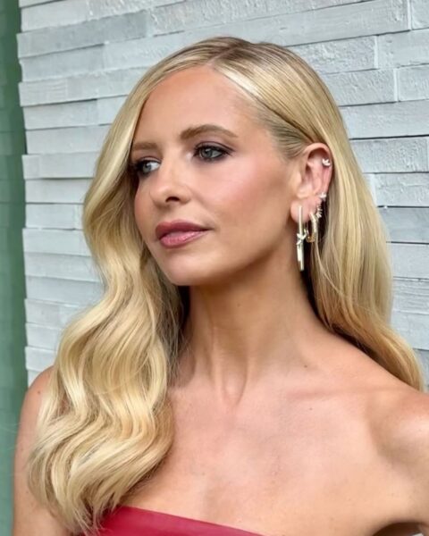 Zdjęcie aktorki Sarah Michelle Gellar. Ubrana jest w czerwony top bez ramiączek. Ma długie, rozpuszczone, opadające falami włosy. W uszach mnóstwo kolczyków z kryształami. Ma wyrazisty, odmładzający makijaż z podkreślonymi oczami i lekko różowymi ustami.