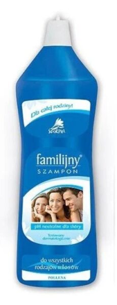 Szampon familijny w niebieskiej butelce.