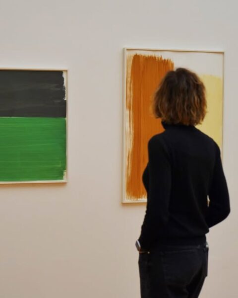 Sala z wystawionymi abstrakcyjnymi obrazami, powieszonymi na białej ścianie. Ogląda je kobieta ubrana na czarno. To zdjecie z MAMbo – Museo d'Arte Moderna di Bologna.