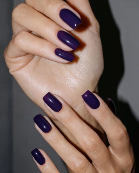 Zdjęcie dłoni ze zbliżeniem na świdośliwa manicure, czyli fioletowe paznokcie o długim, kwadratowym kształcie. Dłonie układają się tak, by prezentować manicure.