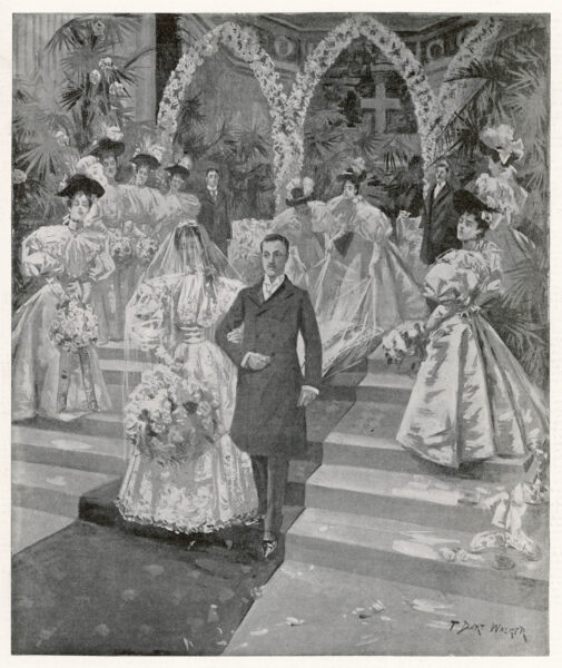 Consuelo Vanderbilt w sukni ślubnej - czarno-białe zdjęcie.