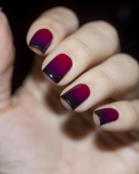 Zbliżenie na dłoń z manicure ombre na kwadratowych paznokciach, wykonanym metodą gąbeczkowania. Kolory przechodzą płynnie od nasyconej czerwieni (lub fuksji) przy skórkach, poprzez głęboki fiolet/purpurę w środku, aż do czerni na końcówkach płytki. Tło jest ciemne i niewyraźne.