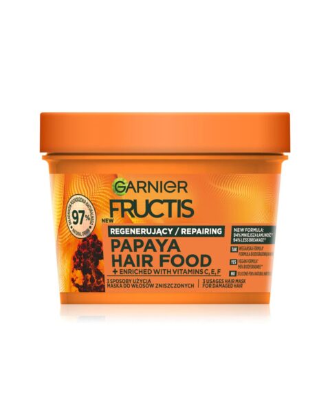 Regenerująca maska do włosów zniszczonych Garnier Fructis Papaya Hair Food. Zdjęcie produktowe.