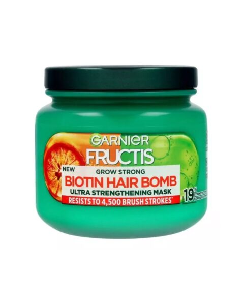 Odżywiająca i wygładzająca maska do włosów Garnier Fructis Grow Strong Biotin Hair Bomb. Zdjęcie produktowe.