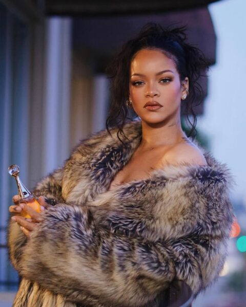 Rihanna w luksusowej stylizacji, trzymająca flakon perfum Dior J’adore. Artystka ma na sobie obszerne, długie futro w odcieniach brązu i szarości, zsuwające się z ramion. Włosy ma upięte w luźny, artystyczny kok z niesfornymi kosmykami. Makijaż utrzymany jest w ciepłych, brązowych tonacjach, z ustami pokrytymi błyszczykiem. Pozuje na balkonie, opierając się o barierkę, na tle miejskiego krajobrazu oświetlonego ciepłymi światłami w czasie zachodu słońca.