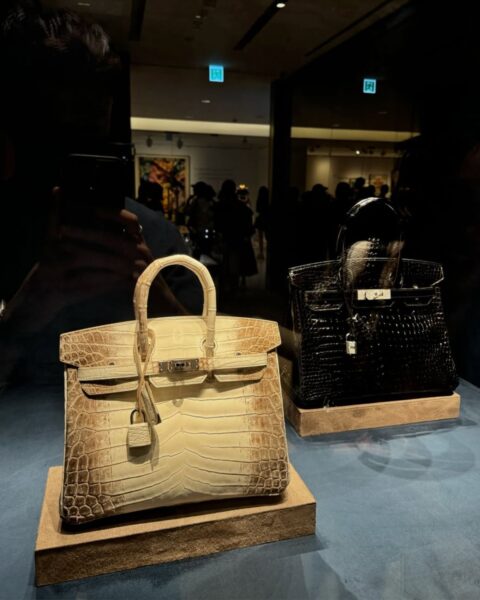 Na zdjęciu widać dwie torebki Hermès Birkin ustawione obok siebie na ekspozycji, prawdopodobnie w muzeum lub na wystawie. Obie wykonane są ze skóry aligatora. Jedna torebka, po lewej stronie, jest w kremowym, beżowym odcieniu, ze złotymi lub srebrnymi okuciami. Druga, po prawej, jest w kolorze czarnym. Obie mają charakterystyczny, trapezowy kształt i zapięcie na kłódkę. W tle widać odbicia ludzi oglądających wystawę.