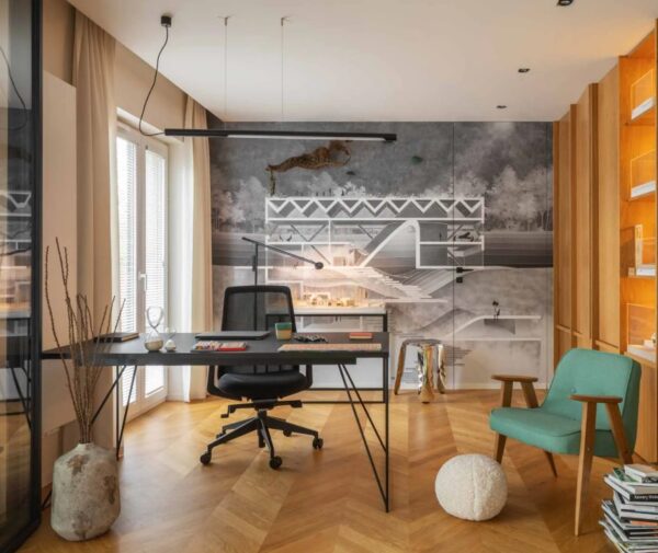 Nowoczesne wnętrze - salon i pracownia.