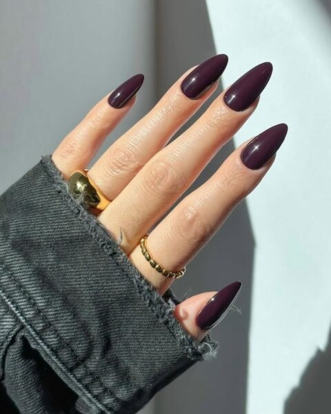 Zbliżenie na dłoń z długimi, ostrymi, migdałowymi paznokciami pomalowanymi na głęboki, ciemny kolor bakłażana (burgundowo-śliwkowy fiolet). Manicure ma intensywny, błyszczący połysk. Dłoń częściowo zakrywa mankiet z czarnego, postrzępionego dżinsu. Dłoń zdobią dwa złote pierścionki – jeden masywny i gładki, drugi cieńszy i prążkowany.