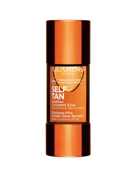 Preparat samoopalający do twarzy Clarins Self Tan Radiance-Plus Golden Glow Booster. Zdjęcie produktowe.